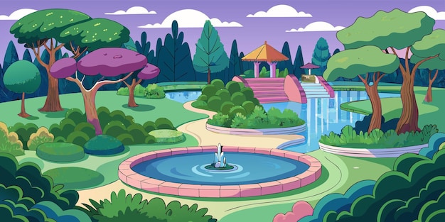 Vecteur une illustration de dessin animé d'un jardin avec une fontaine et une source