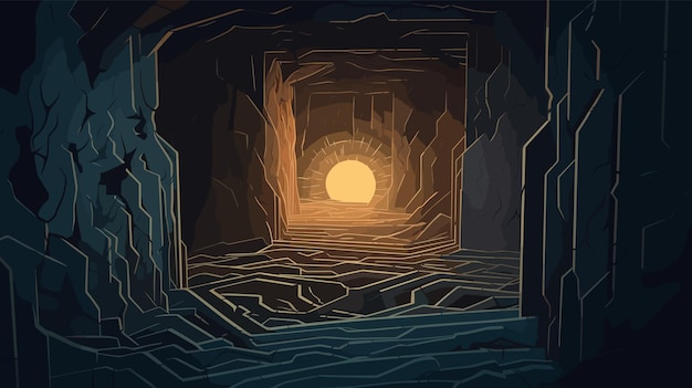 Illustration De Dessin Animé Labyrinthe Souterrain étrange Rempli De Tunnels Sinueux Et D'artefacts Anciens