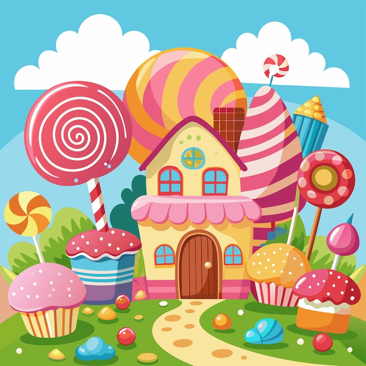 Vecteur une illustration de dessin animé d'une maison avec beaucoup de bonbons dessus