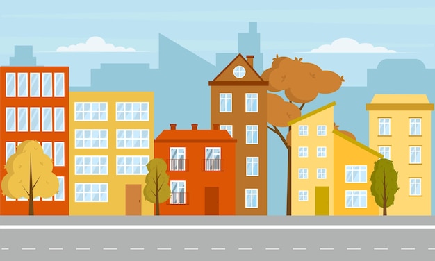 Illustration de dessin animé de maisons de construction de la ville avec route. Conception plate. Automne en ville dans la rue