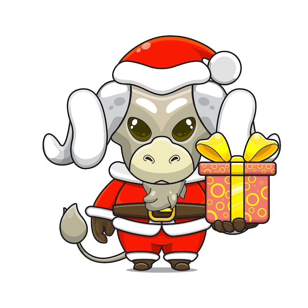 Illustration De Dessin Animé D'une Mascotte De Mouton Mignon Portant Un Costume De Père Noël Donnant Une Boîte-cadeau