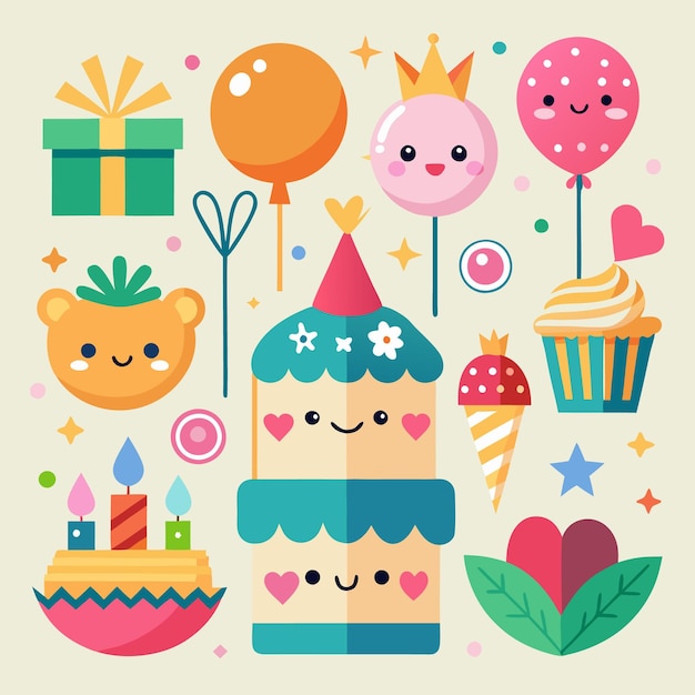 Une illustration de dessin animé mettant en vedette une variété d'objets sur le thème de l'anniversaire, y compris un gâteau, des ballons, des cupcakes et un ours.