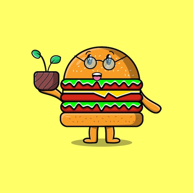 Illustration De Dessin Animé Mignon Burger Tenant Une Plante Dans Un Design Plat De Style Moderne En Pot