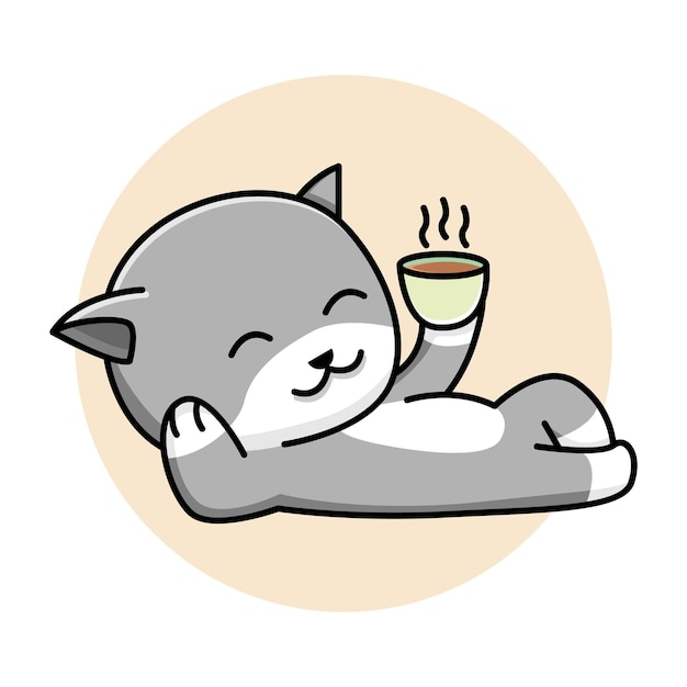 Vecteur illustration de dessin animé mignon chat buvant du café