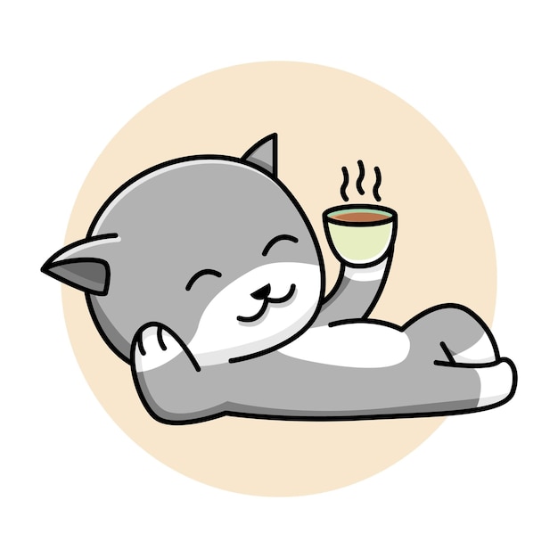 Illustration De Dessin Animé Mignon Chat Buvant Du Café