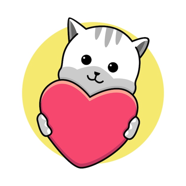 Illustration De Dessin Animé Mignon Chat Câlin Coeur Rouge