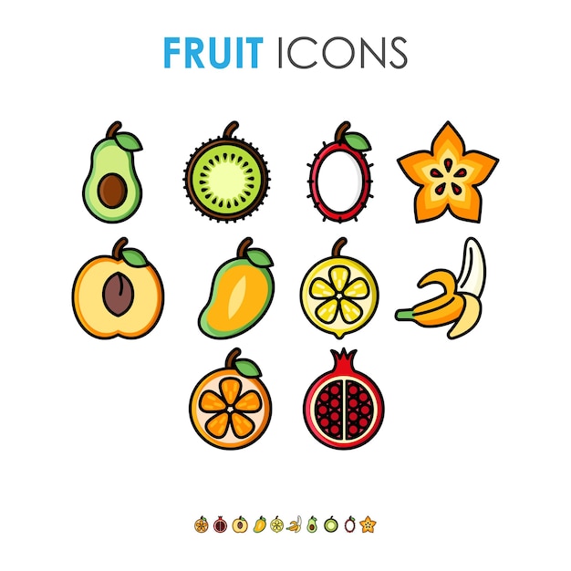 Illustration De Dessin Animé Mignon Diverses Icônes De Fruits Avec Contour Noir épais