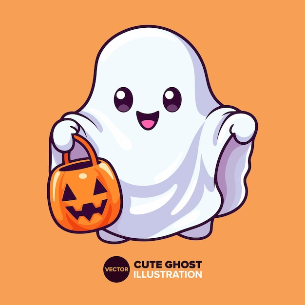 Illustration de dessin animé mignon fantôme festif et citrouille avec panier de bonbons en style vectoriel