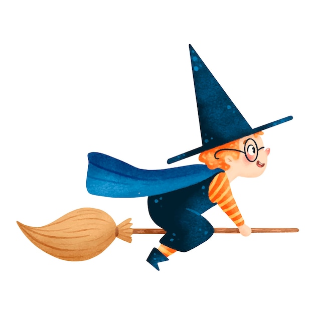 Illustration de dessin animé mignon garçon sorcier halloween sur balai isolé sur fond blanc