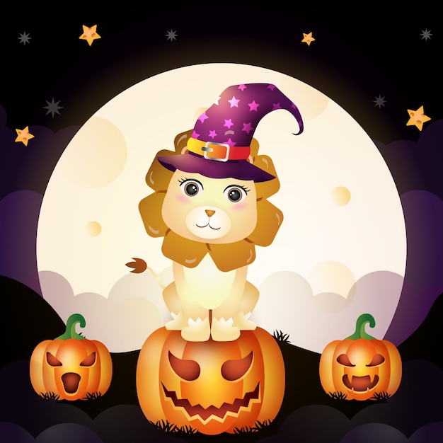 Illustration D'un Dessin Animé Mignon Halloween Sorcière Lion Debout Sur La Citrouille Devant La Lune