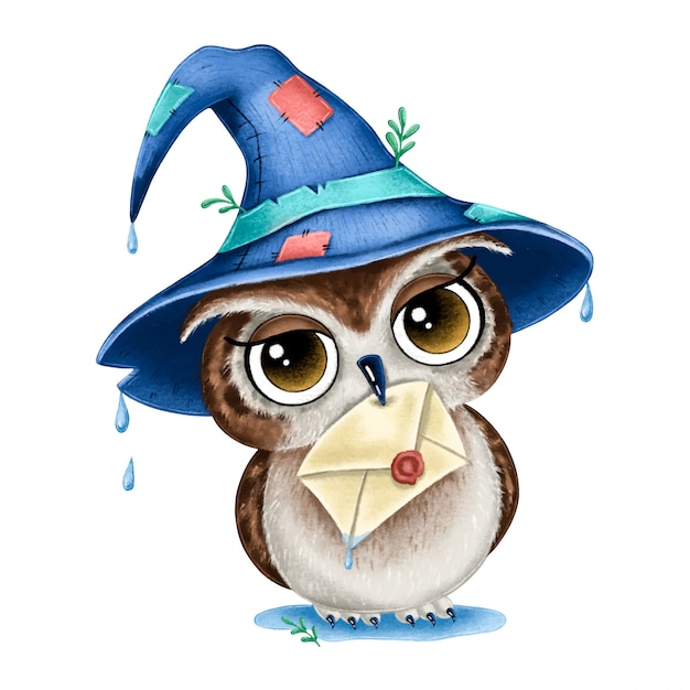 Illustration de dessin animé mignon hibou brun magique avec chapeau de magicien et lettre dans le bec