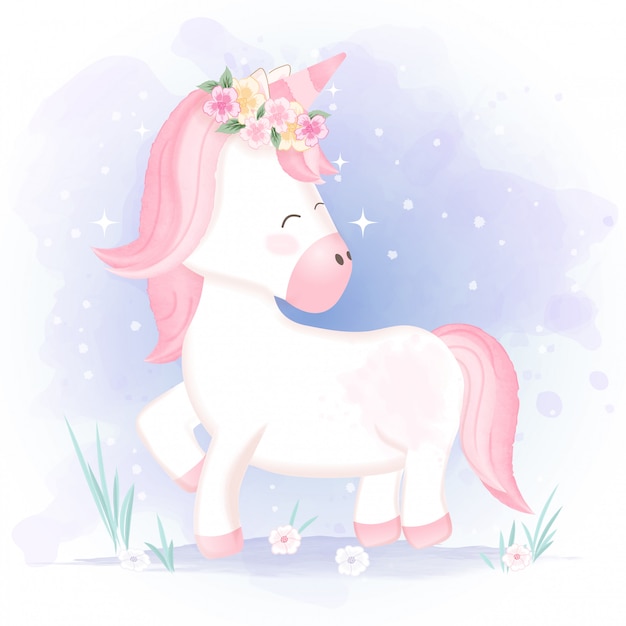 Illustration de dessin animé mignon licorne dessiné à la main