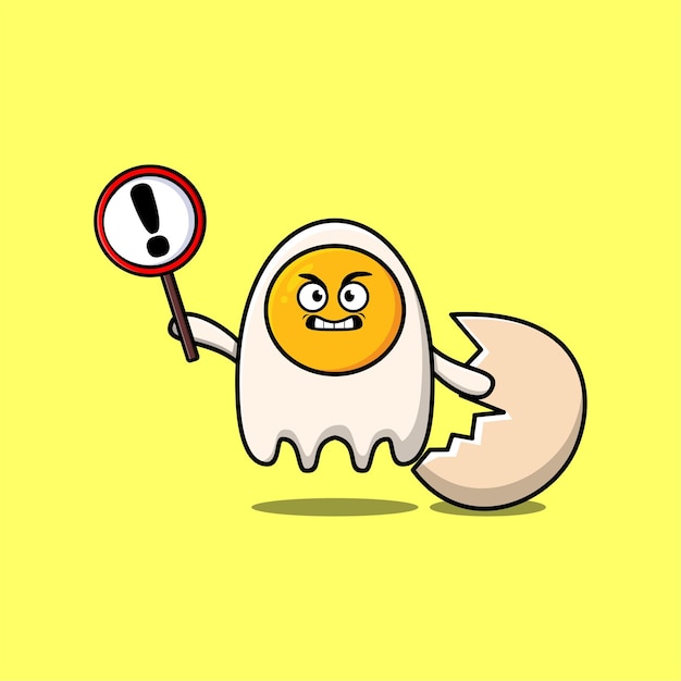 Illustration De Dessin Animé Mignon Oeufs Frits Avec Panneau D'exclamation Dans Un Style Plat Moderne