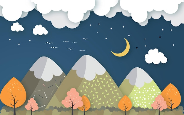 Une Illustration De Dessin Animé D'une Montagne Avec Une Lune Et Des Arbres