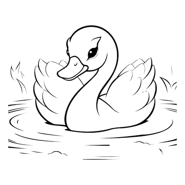 Vecteur illustration de dessin animé en noir et blanc d'un cygne nageant sur l'eau