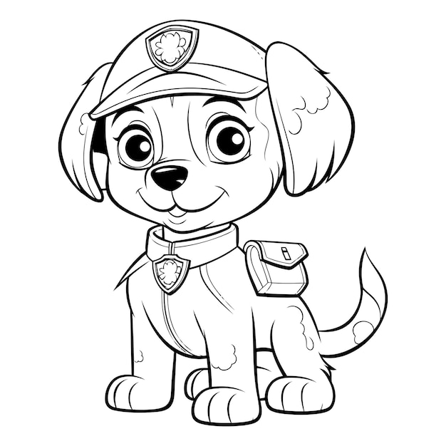 Vecteur illustration de dessin animé en noir et blanc du livre de coloriage du chiot policier mignon