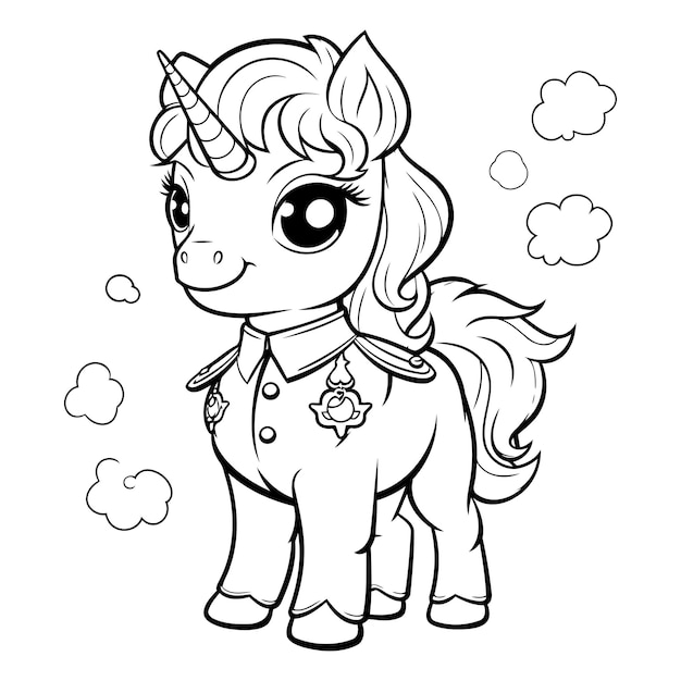 Illustration de dessin animé en noir et blanc du mignon livre de coloriage d'animaux fantastiques de licorne