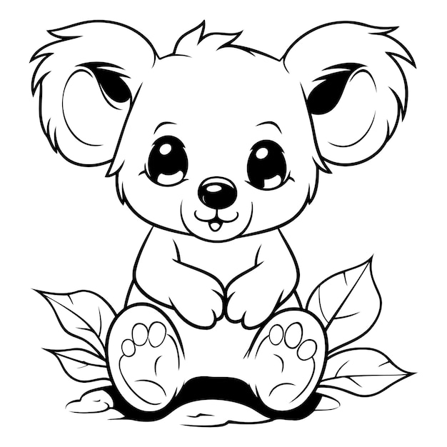 Illustration de dessin animé en noir et blanc du mignon personnage animal Koala pour livre à colorier