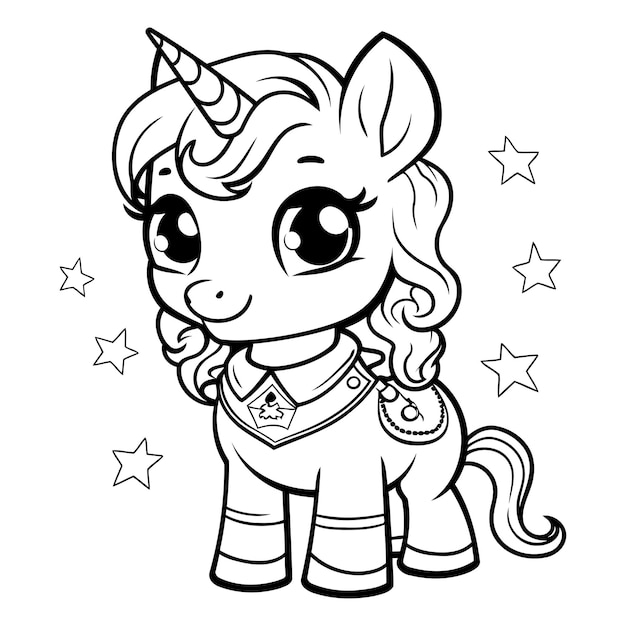 Vecteur illustration de dessin animé en noir et blanc du mignon personnage fantastique de l'unicorne