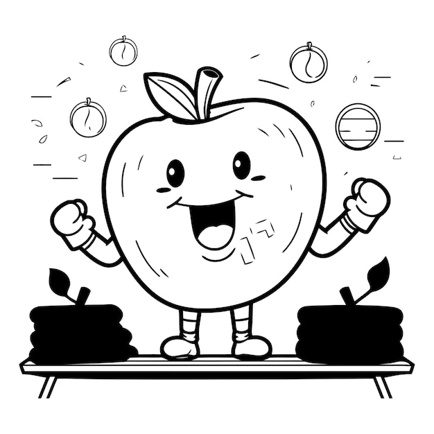Vecteur illustration de dessin animé en noir et blanc du mignon personnage de la mascotte des pommes