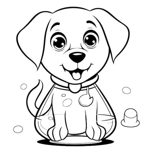 Vecteur illustration de dessin animé en noir et blanc du personnage animal du chiot mignon pour le livre à colorier