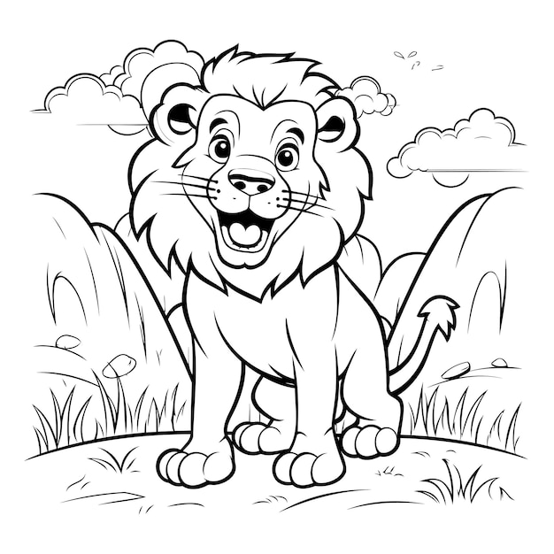 Vecteur illustration de dessin animé en noir et blanc du personnage animal lion pour livre à colorier