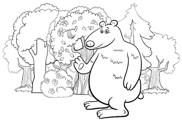 Illustration De Dessin Animé Noir Et Blanc Du Personnage Animal Ours Et De La Page Du Livre De Coloriage De La Forêt