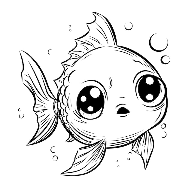 Illustration De Dessin Animé Noir Et Blanc Du Personnage Animal Poisson Mignon Pour Livre De Coloriage