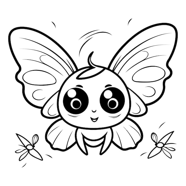 Vecteur illustration de dessin animé en noir et blanc du personnage mignon du papillon