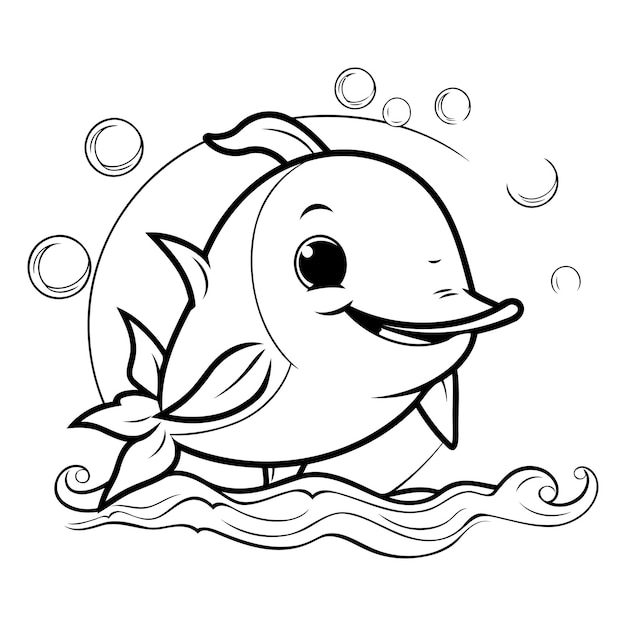 Illustration de dessin animé en noir et blanc du personnage de poisson dauphin mignon livre de coloriage de personnage de mascotte