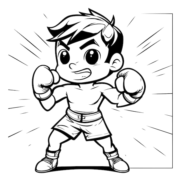 Vecteur illustration de dessin animé en noir et blanc de kid boxer ou fighter pour livre à colorier