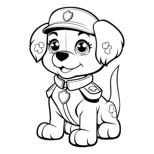 Vecteur illustration de dessin animé en noir et blanc d'un mignon chiot policier chien personnage animal livre de coloriage