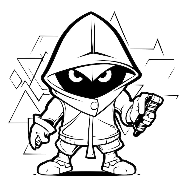 Vecteur illustration de dessin animé en noir et blanc de ninja avec un pistolet dans le style de bande dessinée pour livre à colorier