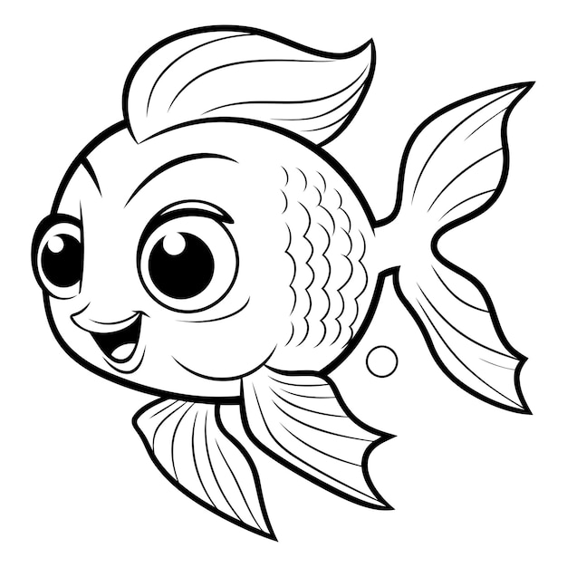 Vecteur illustration de dessin animé en noir et blanc de personnage d'animal de poisson mignon pour livre à colorier