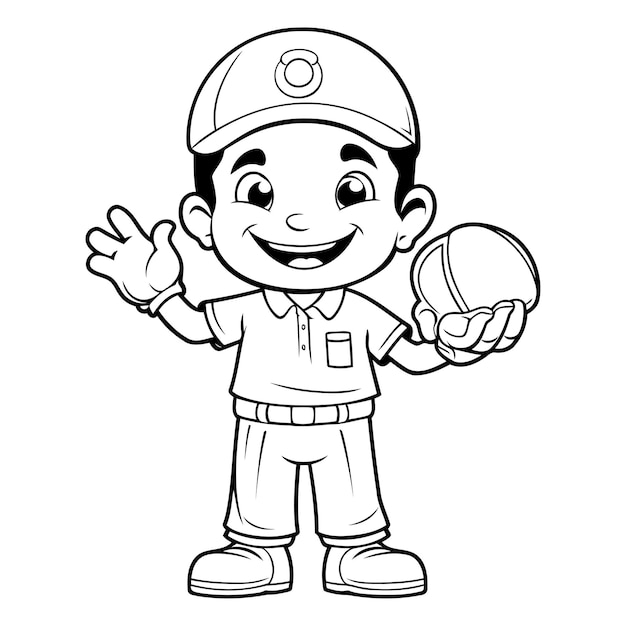 Vecteur illustration de dessin animé en noir et blanc d'un petit garçon jouant au baseball