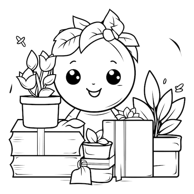 Illustration De Dessin Animé En Noir Et Blanc D'une Petite Fille Mignonne Avec Des Fleurs Et Des Cadeaux