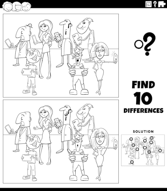 Illustration de dessin animé en noir et blanc représentant la recherche des différences entre les images, jeu éducatif avec des personnages de personnes avec des téléphones intelligents, page à colorier
