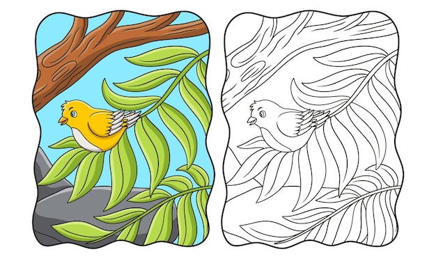 Illustration De Dessin Animé Un Oiseau Assis Sur Les Feuilles D'un Grand Arbre Haut Au Milieu De La Forêt Livre Ou Page Pour Les Enfants