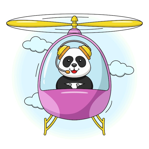 Vecteur illustration de dessin animé d'un panda mignon volant dans un hélicoptère