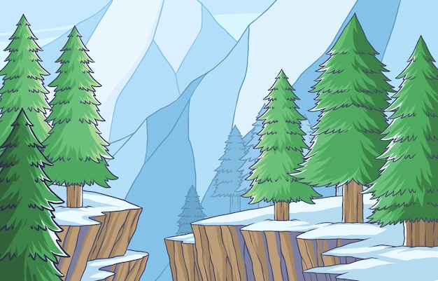 une illustration de dessin animé d'un paysage couvert de neige avec des arbres et des montagnes en arrière-plan