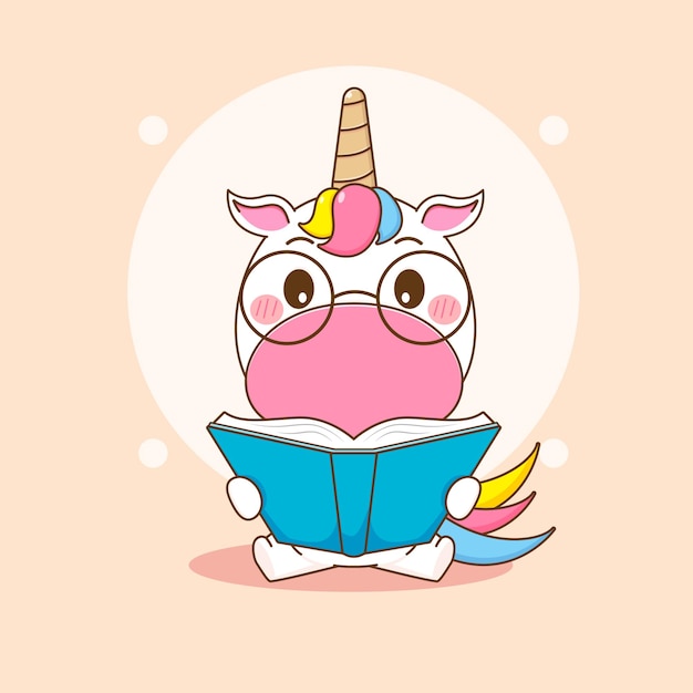 illustration de dessin animé d'un personnage de licorne mignon avec des lunettes en lisant un livre