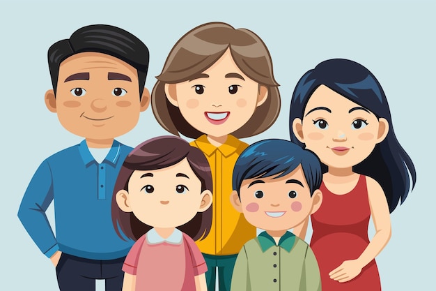 Vecteur une illustration de dessin animé personnalisable d'une famille asiatique debout ensemble pour une photo illustre le concept de segmentation de la clientèle dans la publicité numérique