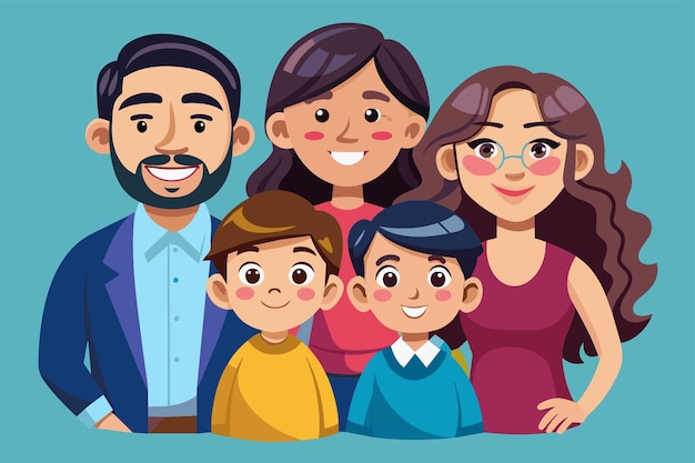 Vecteur une illustration de dessin animé personnalisable mettant en vedette une famille de quatre personnes debout l'une à côté de l'autre une illustration capricieuse de personnages de sushi prennent vie