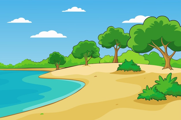 Vecteur une illustration de dessin animé d'une plage avec des arbres et de l'eau