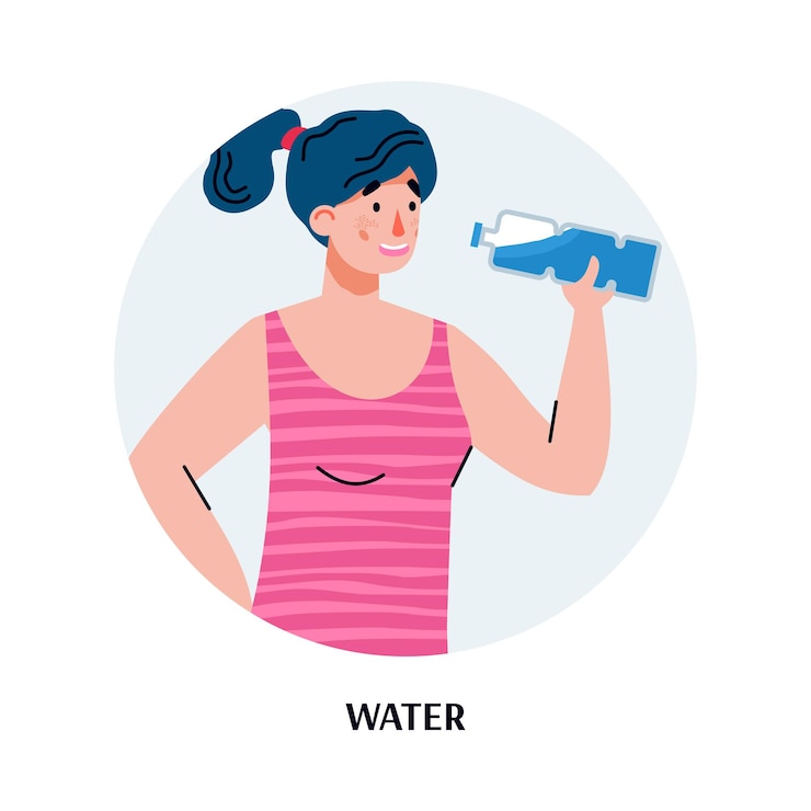 Vecteur illustration de dessin animé plane vectorielle de jeune femme buvant de l'eau d'une bouteille