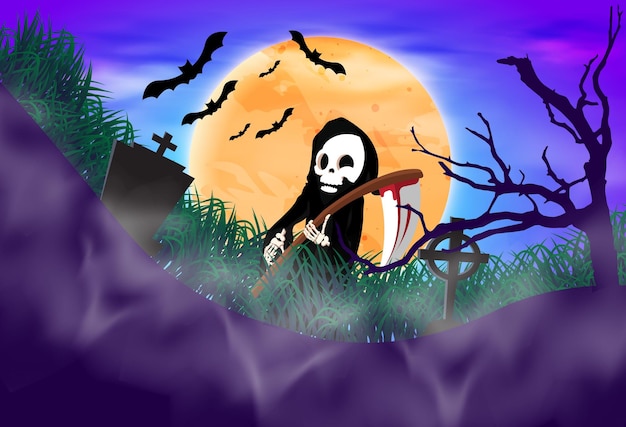 une illustration de dessin animé d'une pleine lune en arrière-plan