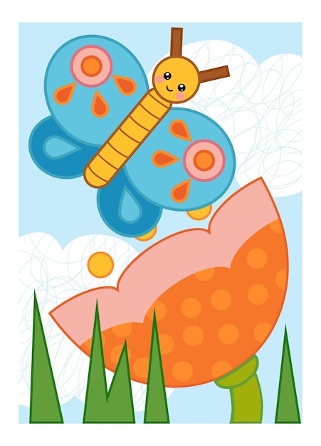 Illustration De Dessin Animé Pour Affiche Colorée Pour Enfants Prairie Fleurie Le Papillon Et La Fleur