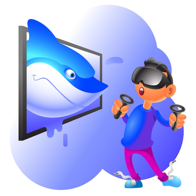 Illustration De Dessin Animé De Réalité Virtuelle Requin Sortant De L'écran