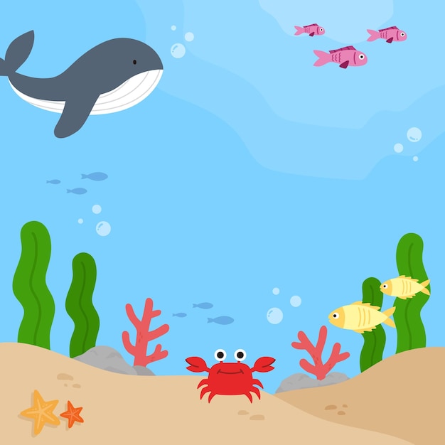 une illustration de dessin animé d'un requin et de créatures marines avec les créatures maritimes