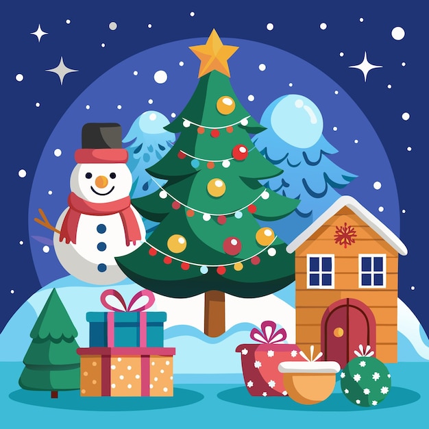 Une illustration de dessin animé d'une scène de Noël avec un bonhomme de neige, des cadeaux d'arbre de Noël et une maison